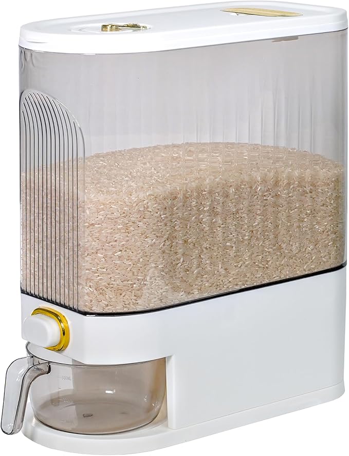 Rice Storage Container 10kg, Clear Food Grain Dispenser with Date Dial & Measuring Cup, Space-Saving Organizer for Rice, Cereal, Pet Food, Pasta