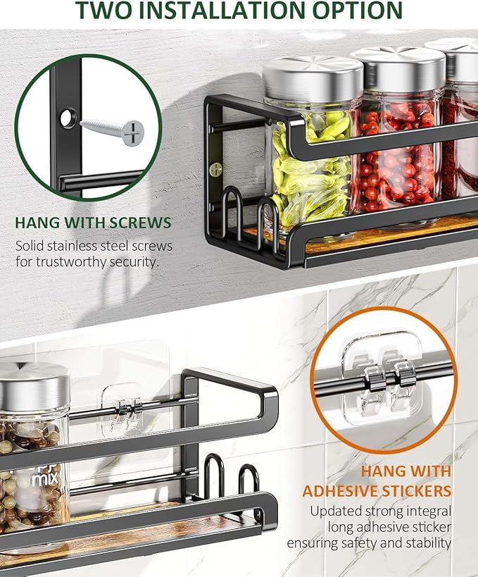 Doakhirmit Wall Mounted Spice Rack with 16 Hooks, Rustic Wood Spice Organizer Shelf for Stove Cabinet Pantry Door,Screw or Adhesive Hanging Spice Shelf,Wall Spice Rack in Kitchen and RV,4 Pack