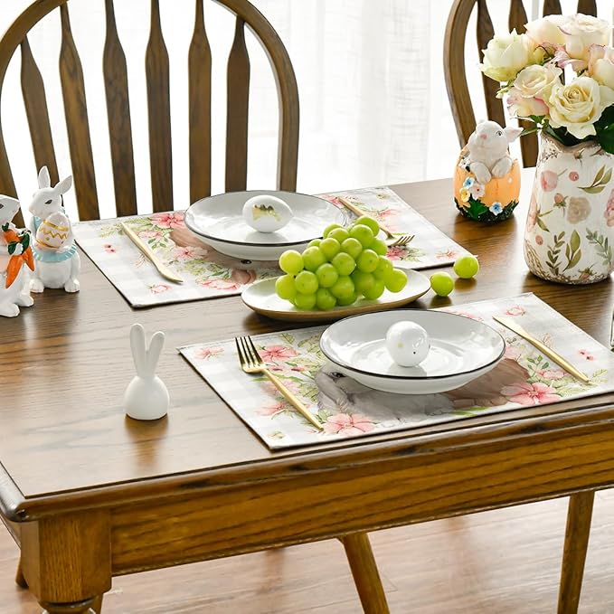 Artoid Mode Grey White Bunny Rabbit Flowers Buffalo Plaid Easter Placemats Set of 4, 12x18 Inch Spring Table Mats for Party Kitchen Dining Decoration