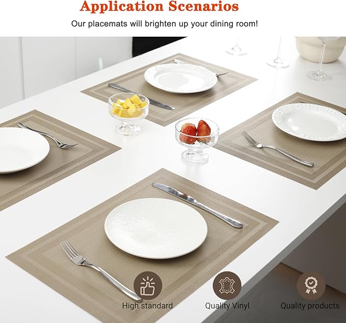 Placemats Set of 4,Washable,Heat and Stain Resistant Indoor/Outdoor Place mats,Vinyl Woven Non Slip Table Mats for Restaurant Table Protection,PVC Placemats(Beige,4PCS)