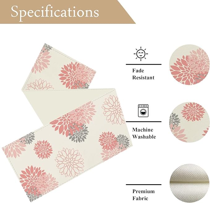 Pink Grey Table Runner Dahlia Flower Beige Burlap Table Runners Modern Elegant Pompon Farmhouse Table Center Decor for Home Kitchen Dining Party Patio (13x36 Inch)
