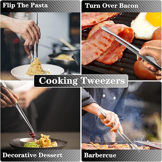 JETKONG 2 Pcs 12-Inch Cooking Tweezers Stainless Steel, Straight Food Tweezers, Professional Kitchen Tweezer/Forceps for Cooking Repairing and BBQ (12-Inch, Silver)
