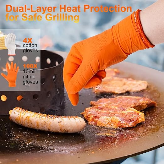 ANBOSON BBQ Gloves for Grilling Disposable Heat Resistant - 100 Nitrile Gloves + 4 Reusable Cotton Liners for Cooking Smoker -Orange Large
