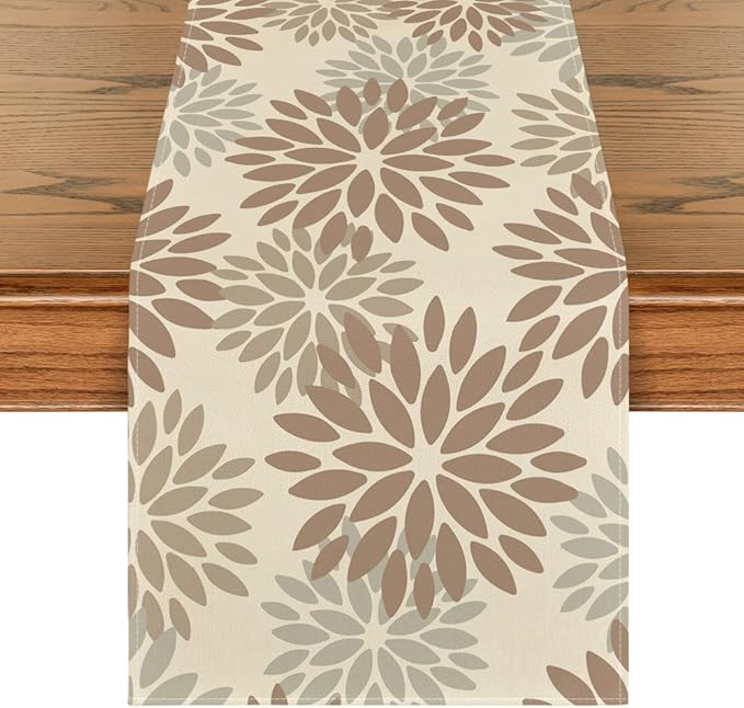 Artoid Mode Brown Gray Dahlia Pinnata Flower Floral Table Runner, Seasonal Holiday Kitchen Dining Table Decoration for Home Party Decor 13x72 Inch