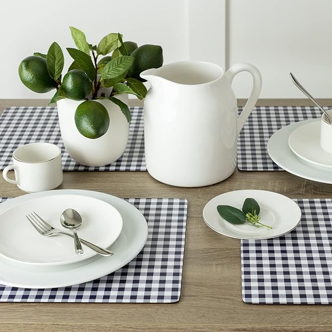 Benson Mills Cork Placemats Set of 4, Thick Cork Place Mats for Kitchen and Dining Tables, Easy Clean Table Mats (12" x 16" Rectangular Set of 4, Gingham Check Navy)