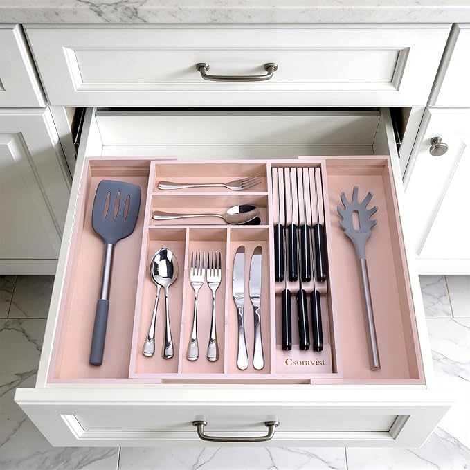 9-Piece Bamboo Kitchen Drawer Organizer Set, Expandable Silverware &Utensil Organizer with Removable Knife Block & Steak Knives, Flatware Organization, Tableware Dividers Storage(Pink)