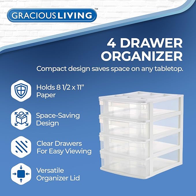 Gracious Living Drawer Organizer, 4-Tier Plastic Storage Desktop Drawers, White Frame - Desk Containers for Bathroom, Bedroom, Office, and Classroom Organization