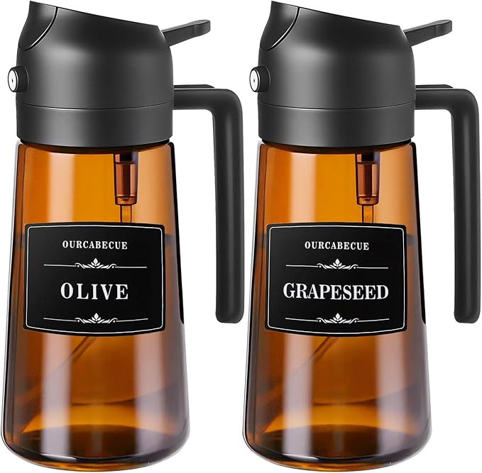 OURCABECUE 2 in 1 Olive Oil Sprayer for Cooking, 16oz/470ml Glass Olive Oil Dispenser Bottle for Kitchen, Light-Blocking Dark Brown Oil Mister with 8 Oil Stickers (Black 2PC)