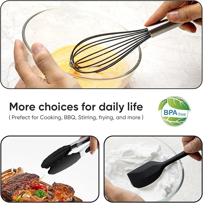 Silicone Tongs for Cooking Set of 3,Maywe Tanso 11"Kitchen Tongs with Silicone Tips- 600°F Heat Resistant,10"Whisk for Non-stick Cookware Plus 8.5"Spatula,Cooking Set|Dishwasher Safe