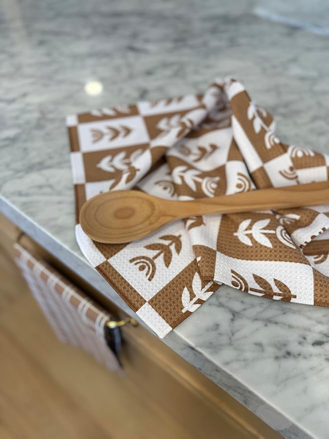 2 Pack || Double Sided|| Not Your Ordinary Kitchen Towels || Dish Towels || Quick Dry || Waffle Weave Microfiber || Designer Prints || Highly Absorbent || Hanging Hook (tan Checkered)