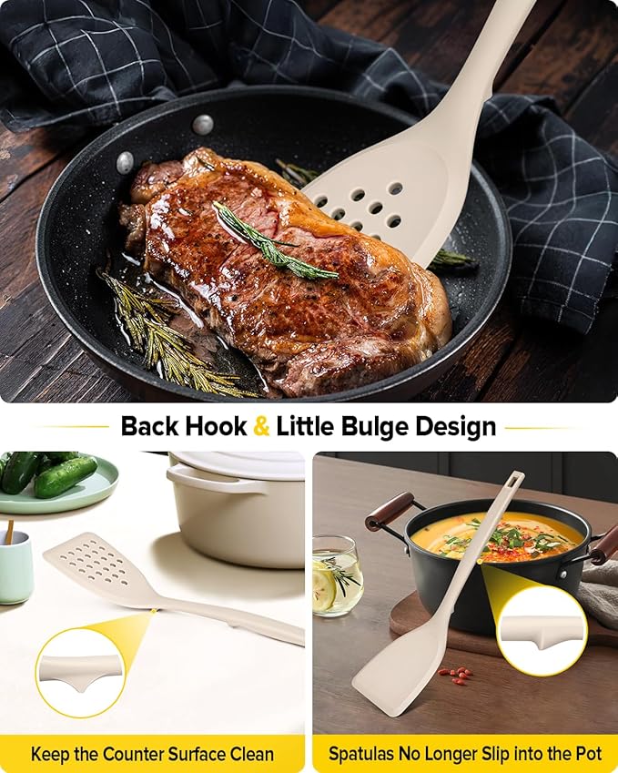 Pack of 2 Silicone Spatula Turner, Non Stick Kitchen Spatulas Set with Back Hooks, Heat Resistant BPA Free Kitchen Utensils, Suitable for Flipping Fish, Eggs, Steak, Pancakes(KHAKI)