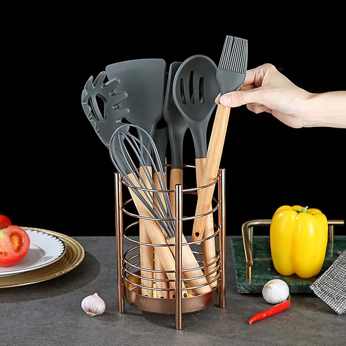 Copper Kitchen Utensil Holder for Kitchen Counter, Stainless Steel Utensil Crocks, Titanium Coating Utensil Storage Caddy Organizer, Cooking Utensil Holder, Easy Cleaning (Rose Gold/7.4''x5.2'')
