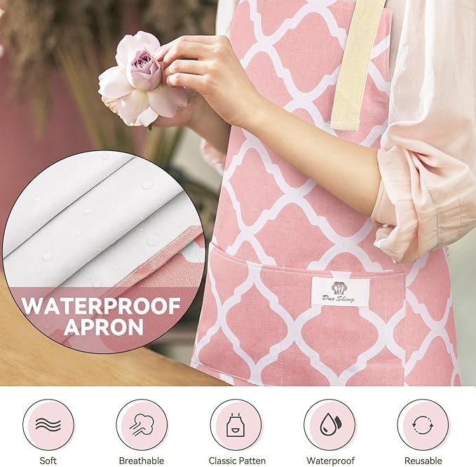 2 Pieces Aprons for Women with Pockets, Cotton Linen Waterproof Kitchen Cooking Aprons, Chef Apronfor Men Women with Adjustable Neck Strap and Long Ties(Pink/Grey)