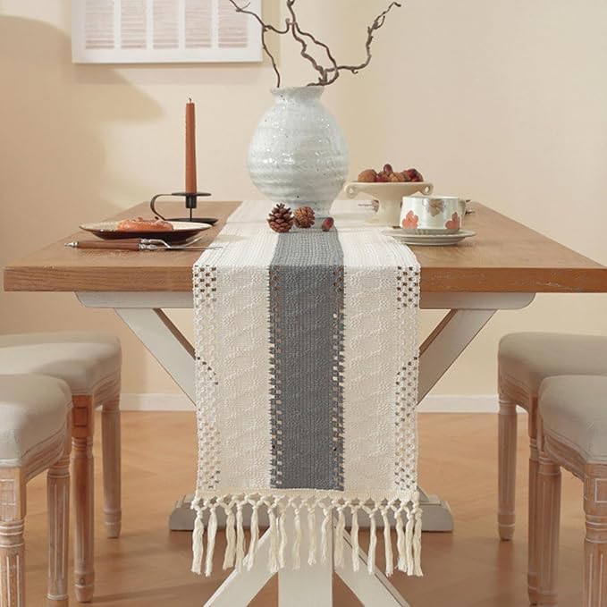 Niviy Grey Table Runner 72 Inches Long with Tassels, Seasonal Spring Summer Washable Embroidered Striped Braided Grey and Beige Boho Table Runners for Holiday Party 12 x 72 Inches