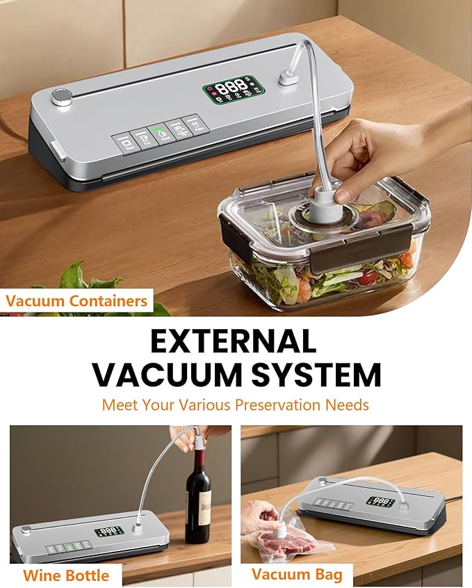 Food Vacuum Sealer Machine, 75KPa Strong Suction, Digital Timer, Built-in Cutter, Pulse Function, Dry & Moist Modes, External Vacuum for Jars & Containers, 20 Vacuum Sealer Bags Included