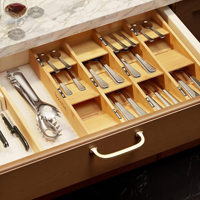 SpaceAid Bamboo Silverware Drawer Organizer with Labels, Kitchen Utensil Tray Holder Organizer for Flatware, Cutlery, Spoon and Knives Drawer Storage Organization (12 Slots)