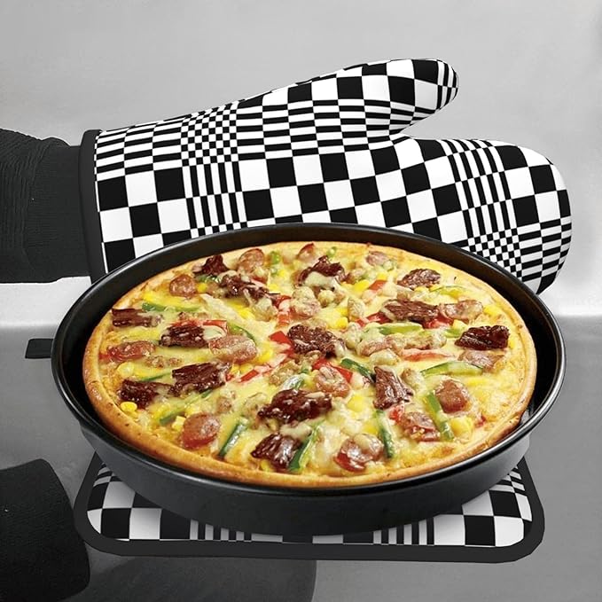 Black and White Optical Illusion Checkered Oven Mitt & Pot Holder Set (3-Piece) - Heat Resistant Non-Slip Kitchen Gloves Gift for Cooking Enthusiasts, Modern Kitchen Decor for Baking Grilling, Black