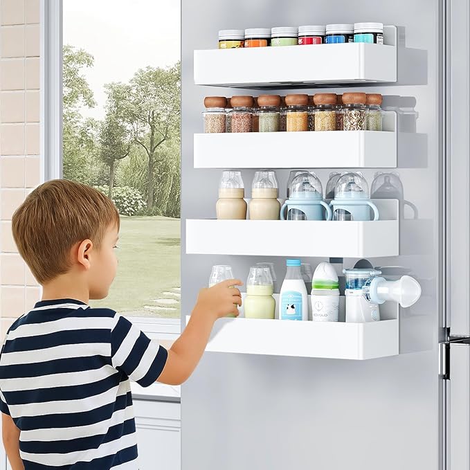 Mystozer Magnetic Spice Rack for Refrigerator, Kitchen Organizer and Storage Shelf, White (6 Pack)…
