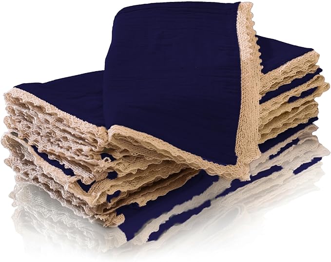 Fingercraft Dinner Cloth Napkin Cotton Muslin Double Gauze 4 Pack with Classic Lace for Everyday Use, Wedding, Party, Christmas, Easter Napkins Cloth are Pre Shrunk and Good Absorbency Navy