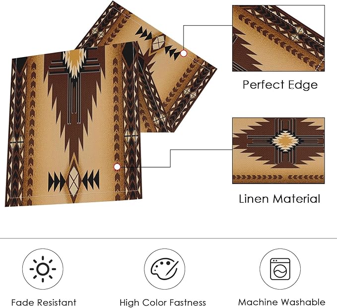 ArtSocket Western South Table Runner and Placemats Set of 6, Ethnic Boho Tribal Aztec Colorful Flower Dining Decor for Daily Use(1 Table Runner 72 inches Long and 6 Placemats)