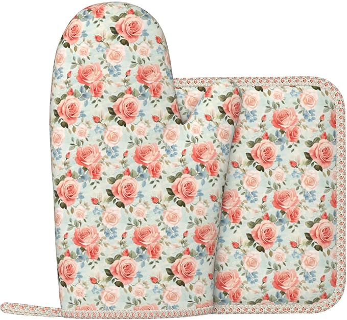 Oven Mitts and Pot Holders Rose Flower Vintage Botanical Silicone Kitchen Accessories Set of 2 Heat Resistant Long Gloves Potholder Non-Slip Grip for Chef Cooking,Baking,Grilling,BBQ