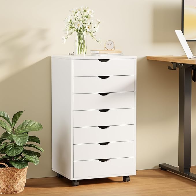 Sweetcrispy 7 Drawer Chest Mobile Storage Cabinets Wooden Dresser with Wheels Room Organization Furniture for Office, Pure White