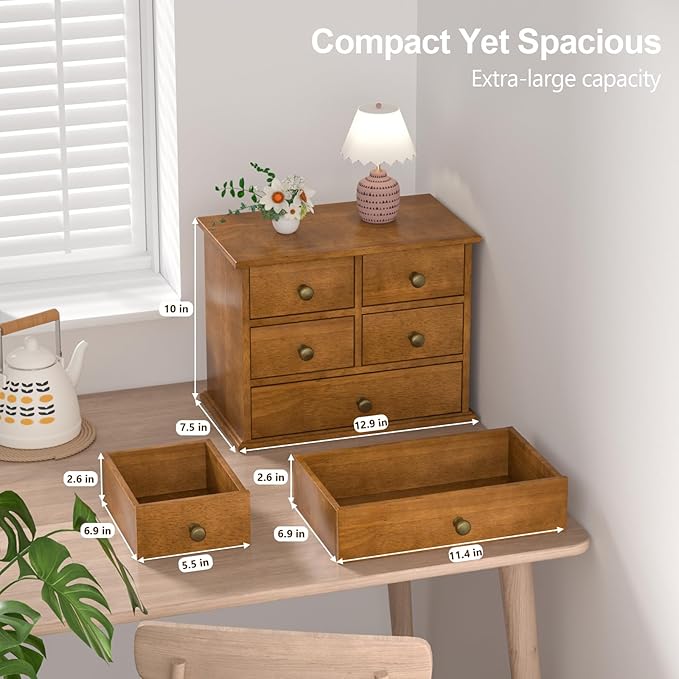 Oak Desk Organizer with Drawers, Durable Wooden Desktop Storage Box with Metal Handles & Non-Slip Silicone Pads, 5 Drawer Tabletop Organizer for Office, Bedroom, Bathroom, Vanity, and Makeup – Walnut