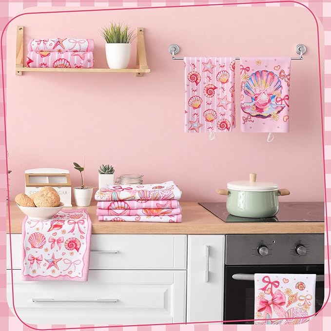 Breling Set of 6 Pink Beach Kitchen Towels Coastal Beach Dish Towel Bathroom Decorative Seashell Bow Rustic Hand Cloths for Kitchen Bathroom Home Cooking Housewarming Gifts, 14 x 21 Inch