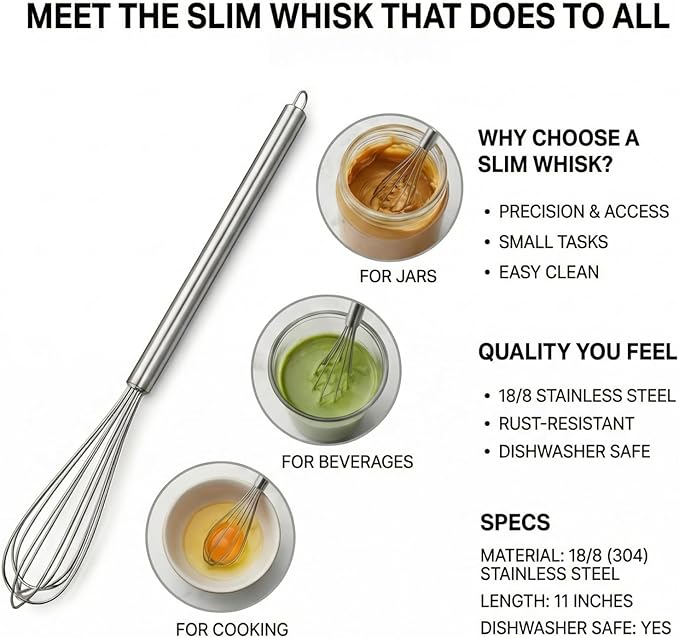 11-Inch Slim French Whisk – 18/8 Stainless Steel Wire Whip with Long Handle – Narrow Stirrer for Mason Jars, Coffee & Cocktails – Small Whisk for Eggs, Sauces, Dressings & Nut Butters