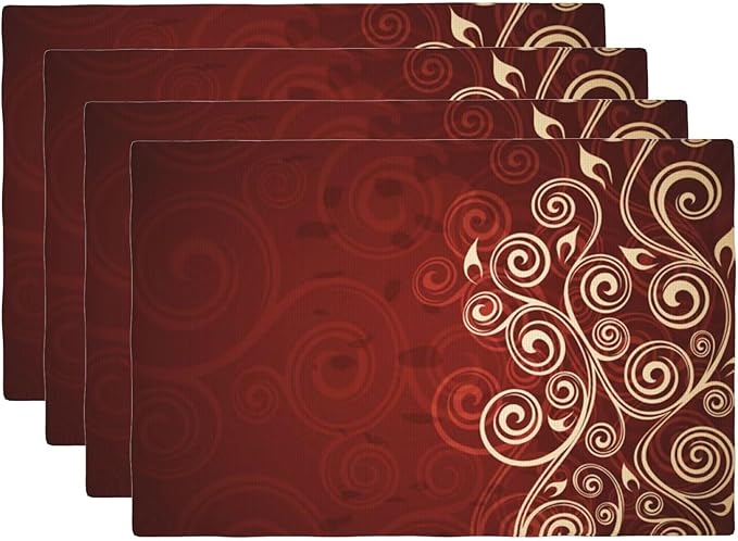 Burgundy Placemats Set of 4 Linen Washable Red Floral Swirls Ivy Image Ombre Details Placemat Kitchen Dining Heat-Resistant Place Mats Flower Art Table Mats for Home Party 12x18 Inch