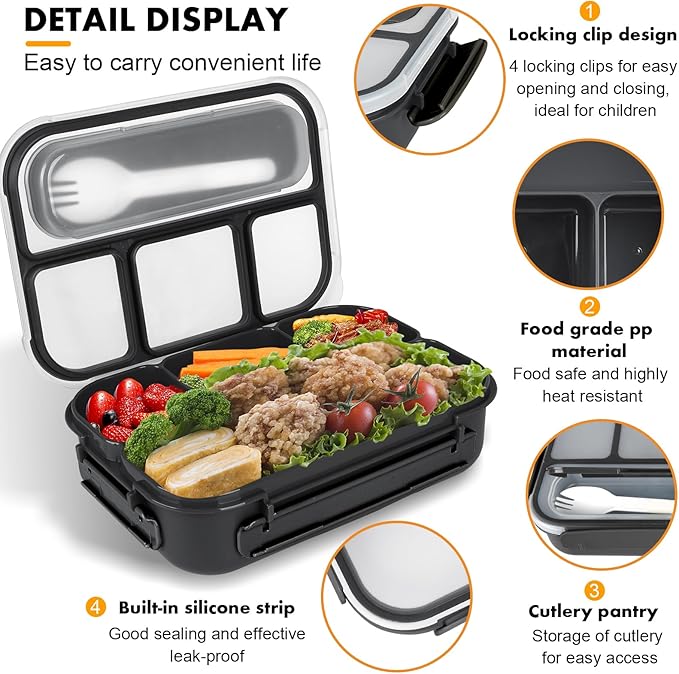 Yumuk Bento Box Adult Lunch Containers, 5 Cup Box with 4 Compartments &Spork &Sauce Box, Leak-Proof, Microwave/Dishwasher Safe(Black)