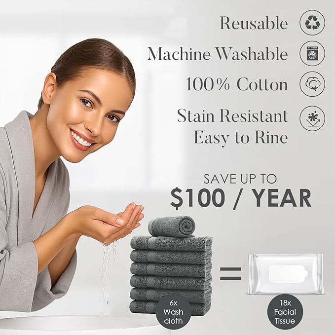 DAN RIVER 12-Pack Premium 100% Cotton Gray Face Towels for Bathroom - Reusable Face Wash Cloths for Showering 12x12 Inches - 550 GSM Super Soft & Absorbent Luxury WashCloths for Body, Spa & Gym