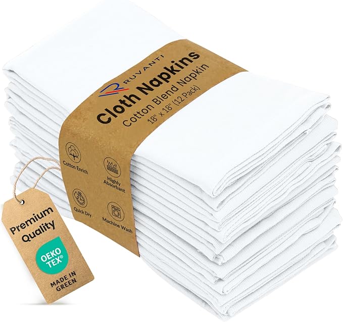 Ruvanti Cloth Napkins set of 12, 18x18 Inches Napkins Cloth Washable, Soft, Durable, Absorbent, Cotton Blend. Table Dinner Napkins Cloth for Hotel, Lunch, Restaurant, Weddings, Events, Parties - White