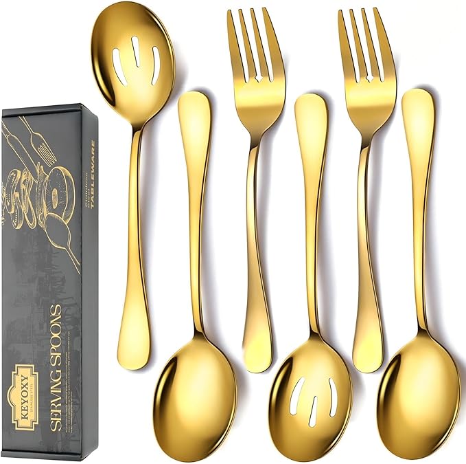 6 Piece Stainless Steel Serving Spoons Set, 10-Inch, Includes 2 Spoon/Slotted/Forks for Parties/Kitchen/Buffet/Catering, Dishwasher Safee, Gold