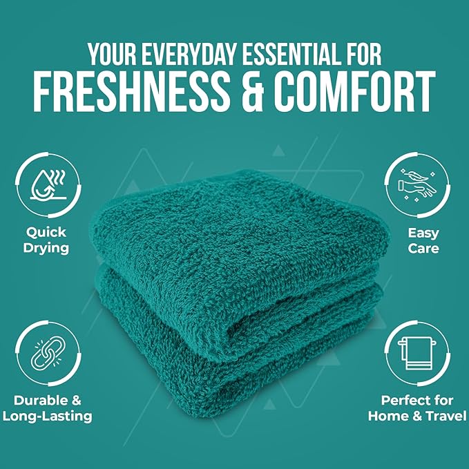 DAN RIVER 12 Pack Wash Cloths for Showering [12x12] - 100% Cotton Washcloths Premium Quality Flannel Face Cloths for Bathroom, Highly Absorbent and Soft Feel Wash Clothes, Teal