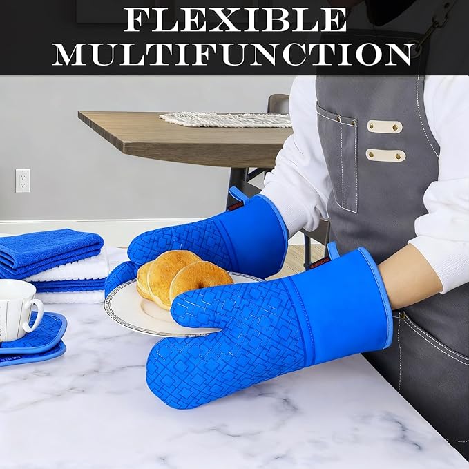 Oven Mitts and Pot Holders Sets 6pcs, Kitchen Oven Glove,High Heat Resistant 550 Degree Extra Long Oven Mitts and Potholders with Non-Slip Silicone Surface for Home Essentials (Grey) (Navy Blue)