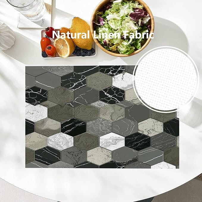Batmerry Hexagonal Tiles Placemats, Gray and White Hexagons Washable Linen Table Mats for Kitchen Table Double Insulation Decor Dining Set Indoor Outdoor 12X18 in Set of 4