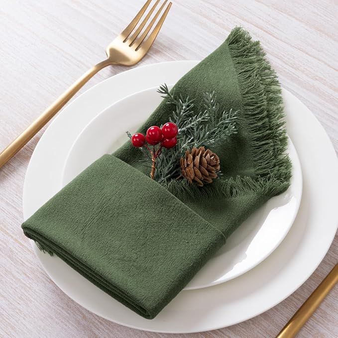 DeZerlor 12 Pack Olive Green Cotton Linen Napkins with Fringe Green Cloth Napkins Set of 12 Boho Handmade Dinner Table Napkins for Wedding Bridal Baby Shower Tea Party, 17 x 17 Inches