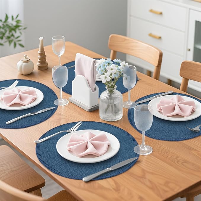 Round Placemats Set of 6, 15 Inch Linen Fabric Table Placemats, Heat Resistant, Wrinkle Free Washable Placemats Kitchen Place Mats Set of 6 for Dining Table Party Table (Navy Blue, 6)