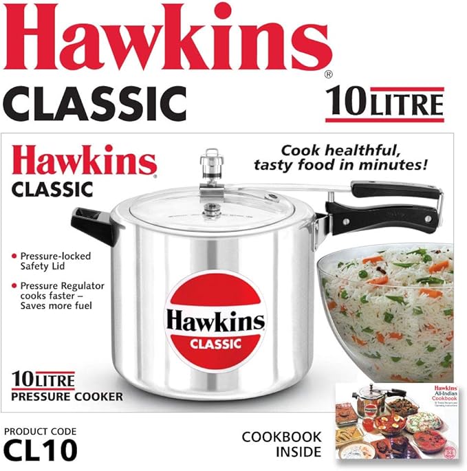 Hawkins Aluminium 10 Litre Classic Pressure Cooker, Best Inner Lid Cooker, Big Pressure Cooker, Silver (Cl10)