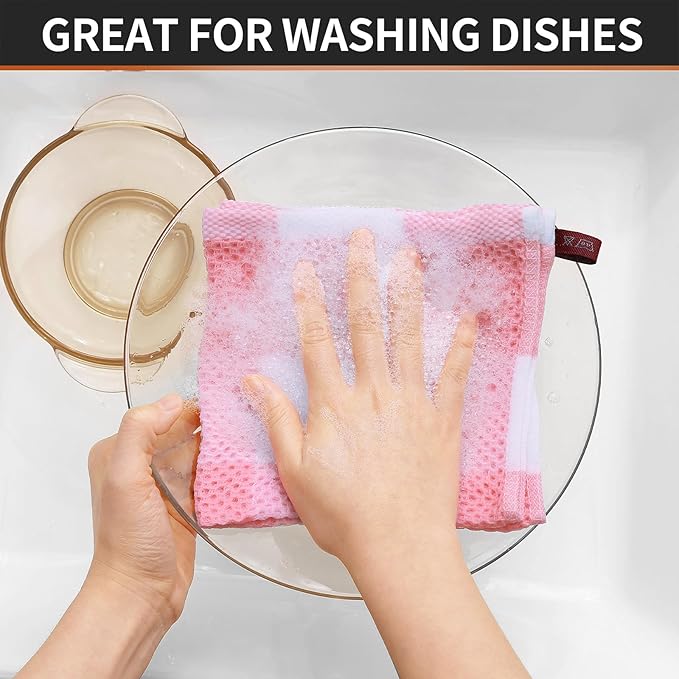 Homaxy 100% Cotton Waffle Weave Check Plaid Dish Cloths, 12 x 12 Inches, Super Soft and Absorbent Dish Towels Quick Drying Dish Rags, 6-Pack, White & Pink