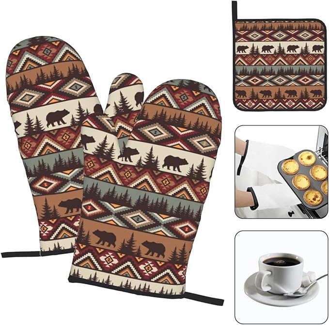 Vintage Rustic Oven Mitts and Pot Holders Sets of 3 Heat Resistant Hot Pads Bear Mountain Oven Gloves for Kitchen Cooking BBQ Baking