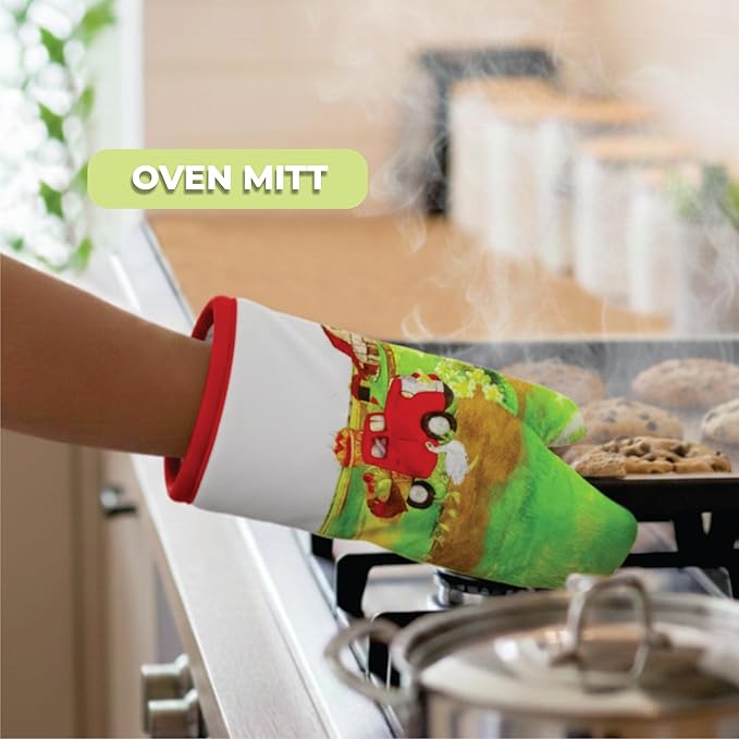 Lobyn Value Packs: 5 Piece Kitchen Towel Set with Vintage Red Truck Design, 2 Decorative Dish Towels (25 X15), 1 Oven Mitt (11 X 7) and 2 Potholders (6.5 X 6.5) for Countryside Elegance