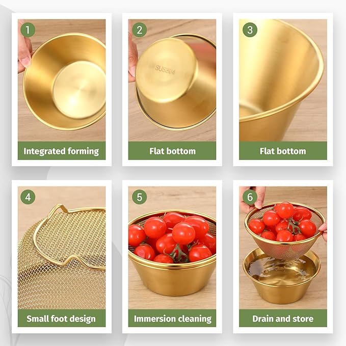 Baderke 2 Pcs Mini Colander & Food Strainer 304 Stainless Steel Small Mixing Colanders Bowl Rice Strainer for Kitchen Cooking Fruit Washing Vegetable(5.51 x 2.36 Inches,Gold)
