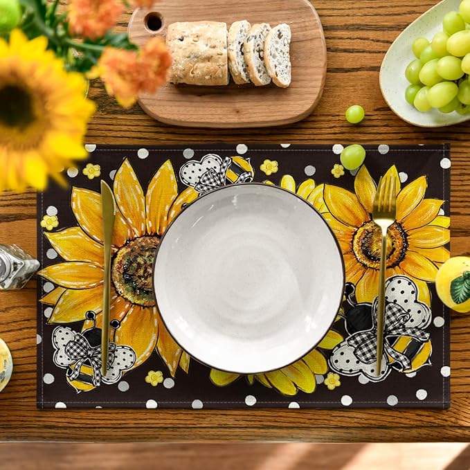 Artoid Mode Black Sunflower Bee Flower Polka Dot Summer Placemats Set of 4, 12x18 Inch Table Mats for Table Runner Party Kitchen Dining Decoration