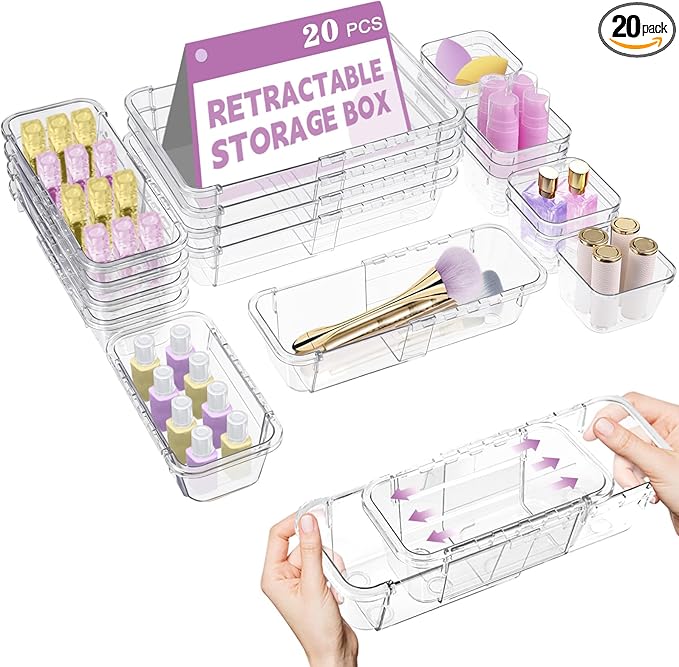 20 Pcs Clear Drawer Organizer, Adjustable Drawer Storage Box, 3-Size Desk Drawer Organizer, Acrylic Storage Bins for Makeup, Kitchen Utensils, Bedroom Dressers Tool Organizer for Gadgets