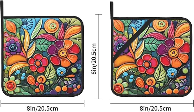 Colorful Boho Florals Pot Holders Set of 2 Kitchen Decorative Heat Resistant Potholder Cotton Lining Oven Hot Pads for Cooking Baking Microwave Oven End Dishes BBQ Holiday Decors