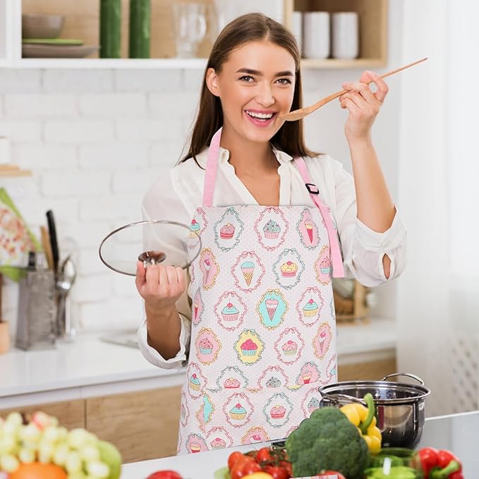 Cute Apron with 2 Pockets for Women, Adjustable Neck Strap and Long Waist Ties Cotton Cooking Baking Aprons, Use as a Kitchen and Chef Apron, Artist or Garden Aprons (Cupcake)