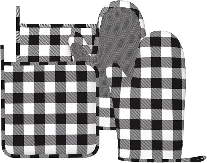 Buffalo Plaid Black and White Oven Mitts and Pot Holders Set, 4pcs Silicone Black White Plaid Oven Glove for Kitchen Heat Resistant Oven Mitts and Potholders Non-Slip for Cooking