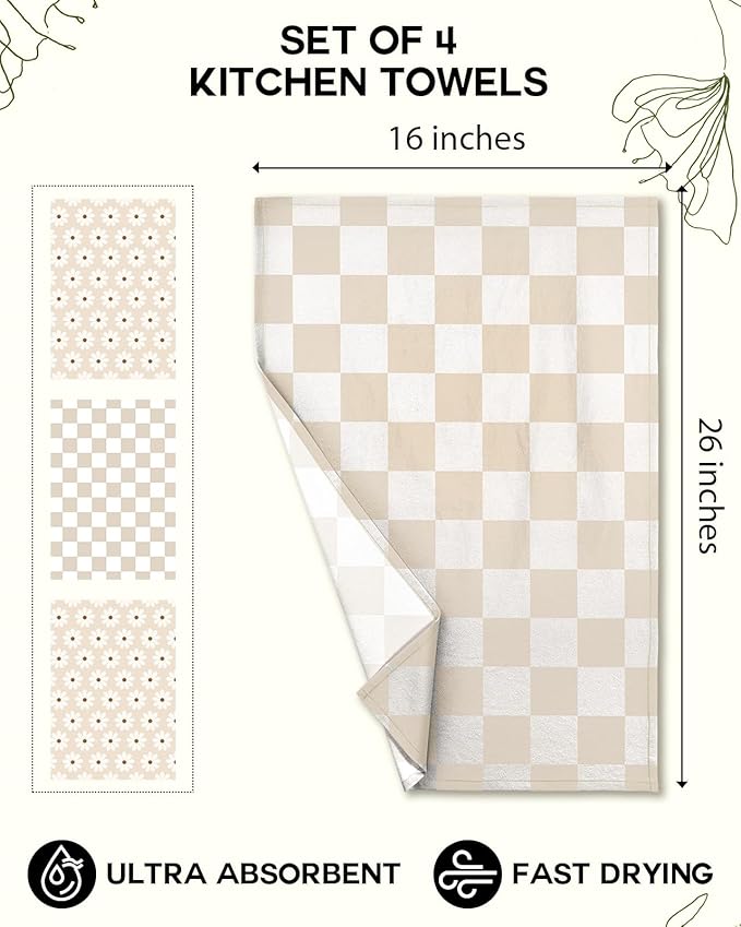 Miss Adola 4pcs Flour Sack Kitchen Towels - 16x26 Inch Cotton Dish Towels Set of 4 with Hanging Loop Reusable Geometric Boho Modern Retro Tea Towel Absorbent Dishcloths Home Decor, Beige Plaid Daisy